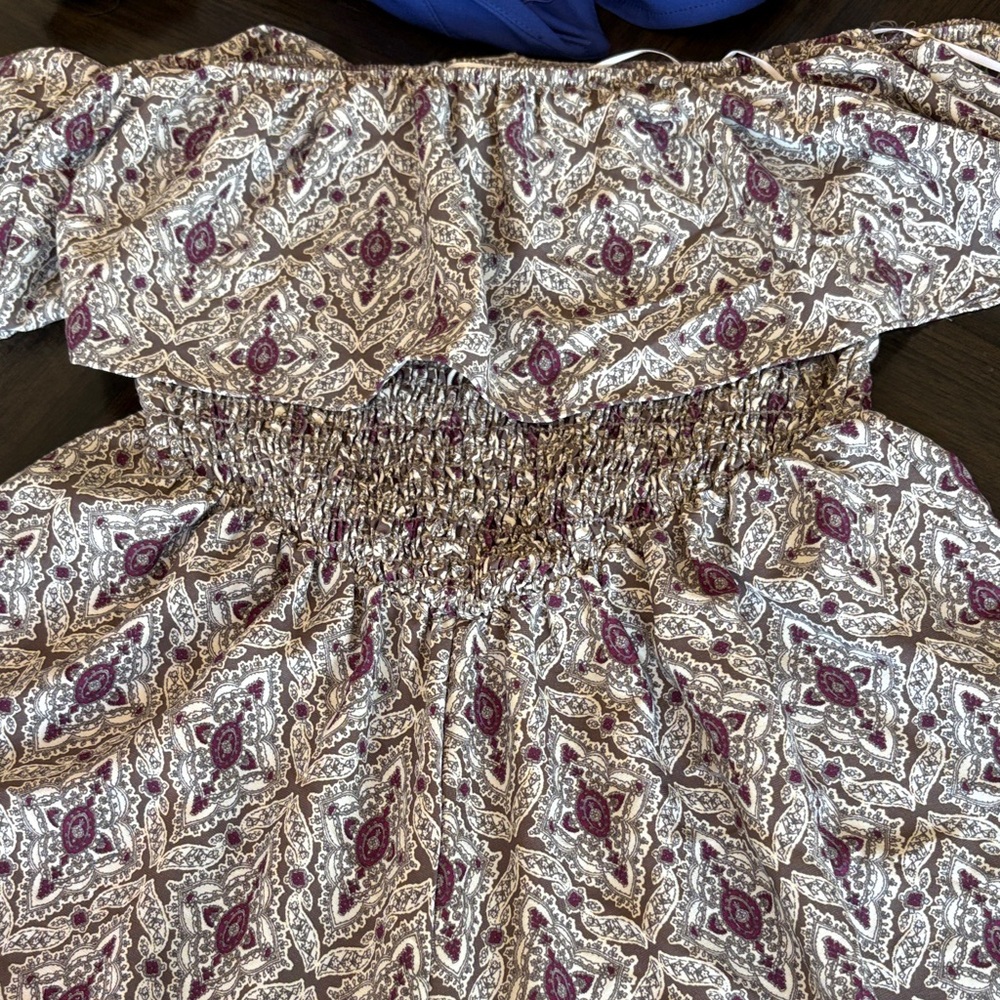 Chic Patterned Off-Shoulder Dress in Brown and Purple
